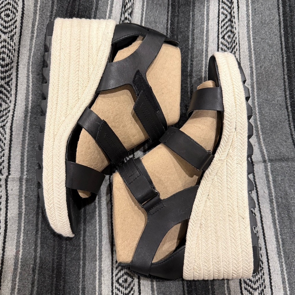 Sorel Black Leather Espadrille Wedge Sandals with Cream Rope Sole - Picture 2 of 11